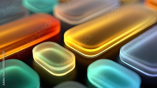 Close-up of blurred, rectangular, translucent shapes with illuminated edges, colorful and abstract