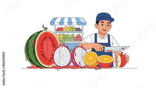 Fresh fruit stall with a vendor slicing fruit and a variety of colorful fruits displayed