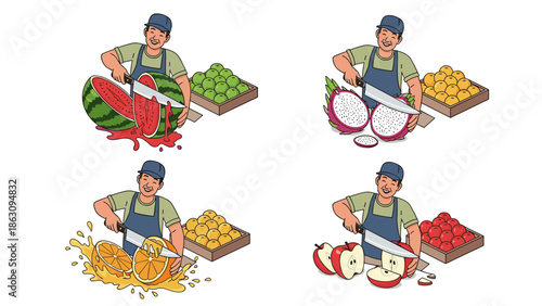 Man cutting fresh fruits at a market stall, preparing for sale