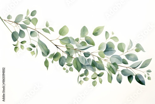 Delicate eucalyptus branch with soft green leaves on white background