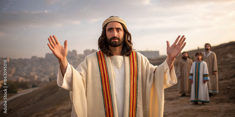 Fototapeta premium A biblical depiction of Jesus Christ praying with hands raised over Jerusalem. A historical prophet giving a sermon on a hill at sunset. Faith and religion concept