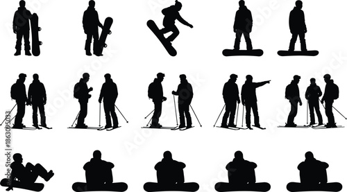 Silhouettes of snowboarders and skiers, winter sports people set, snowboarding action poses, skiing teamwork scenes, outdoor adventure icons, isolated black figures