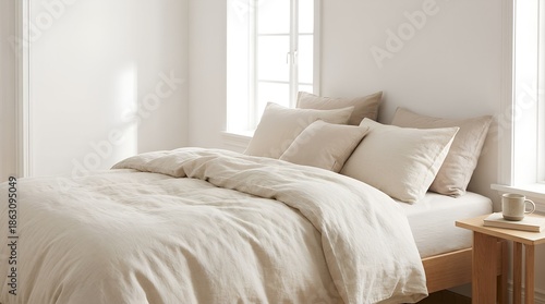 Wallpaper Mural Minimalist Bedroom Interior with White Linen Bedding and Light Torontodigital.ca