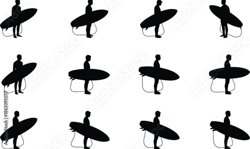 Surfer silhouette collection, surfboard carrying man, surfing lifestyle icons, beach sport concept, black silhouettes set, ocean wave culture, summer adventure, isolated design