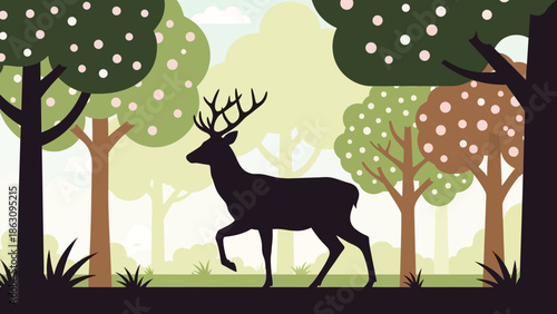 Deer Silhouette Walking in Forest Scene.