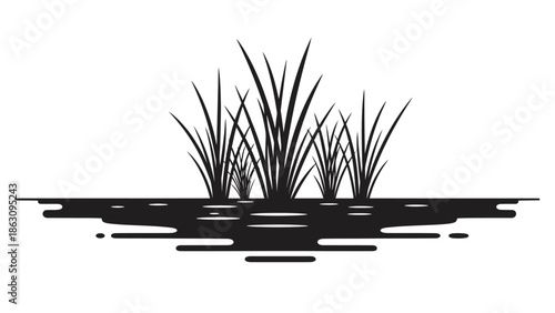 Reeds and Grasses Silhouette on Water.