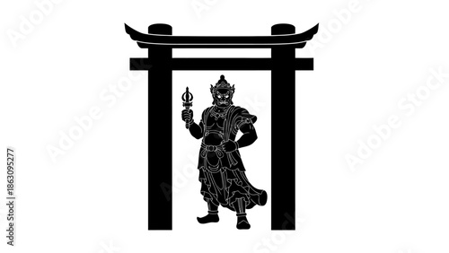 Illustration of Warrior Standing Under Torii Gate.