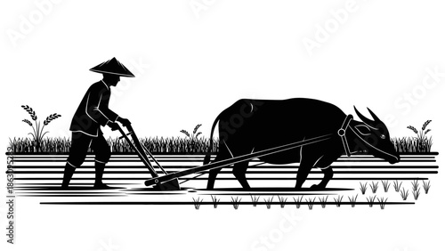 Farmer Plowing Field with Oxen Illustration.