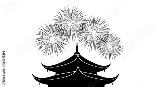 Pagoda Silhouette with Fireworks Display.