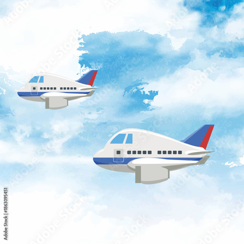 Two Modern Airliners Fly Through Bright Blue Sky in Watercolor Style Illustration