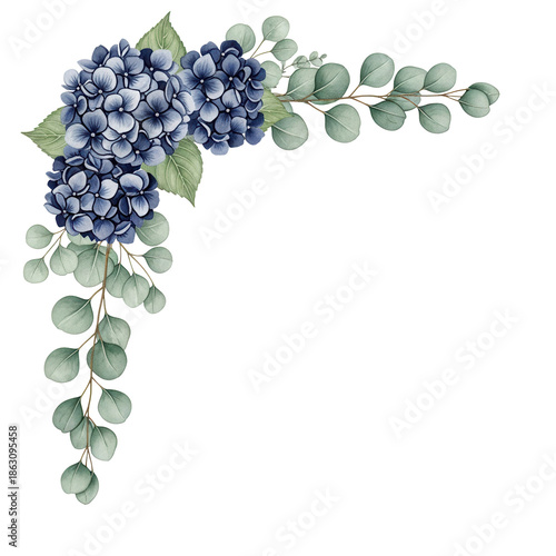 Hand painted elegant floral corner border featuring hydrangeas and eucalyptus in sage and navy isolated on white background.png