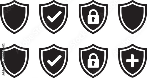 A collection of security shield icons on a white background