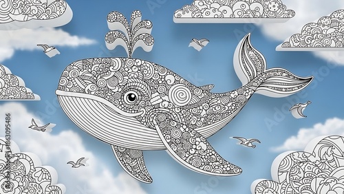 Whale Illustration with Floral Patterns and Clouds.