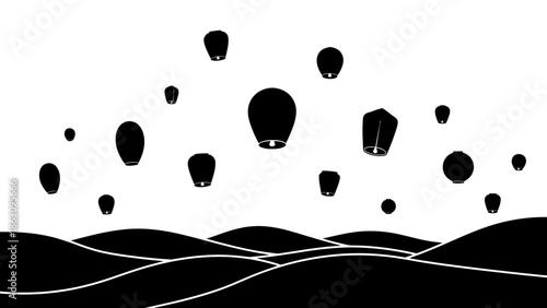 Black Silhouette Hot Air Balloons Flying.