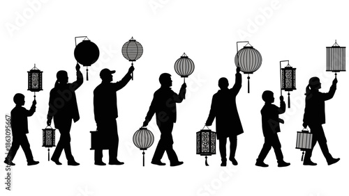 Silhouettes of People Walking with Lanterns.