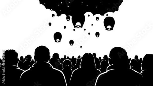 Silhouetted People Watching Balloons Fly Away.