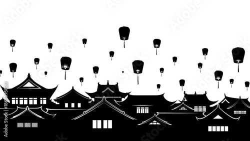 Village Silhouette with Lanterns in Sky.