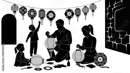 Family Making Lanterns Together at Home.