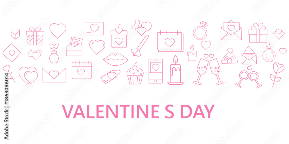 Fototapeta premium Valentines day love romance line icons set. Heart wedding, gift, message, diamond, lip, candle, wine, glasses, symbol vector design collection and anniversary celebration white background.