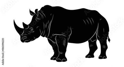 Black Silhouette of a Rhinoceros Standing Side Profile on White Background Vector Illustration