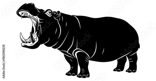 Ferocious Hippopotamus Silhouette Roaring with Open Mouth and Large Tusks African Wildlife Icon Vector Art