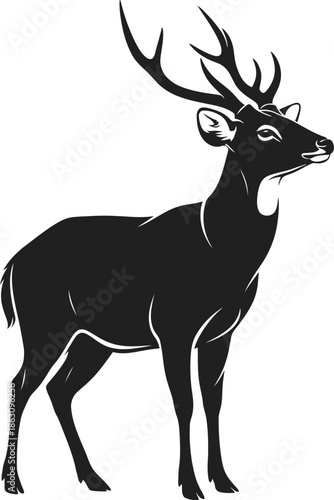 Majestic Black Silhouette of a Stag Deer with Antlers Standing Proudly Vector Art Illustration