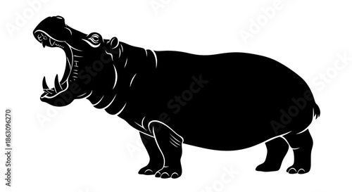 Aggressive Hippopotamus Silhouette with Open Mouth and Sharp Teeth