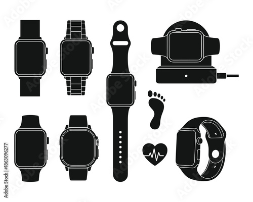 Smartwatch collection and fitness icons vector illustration isolated on white
