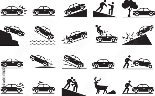 A collection of black and white car crash icons