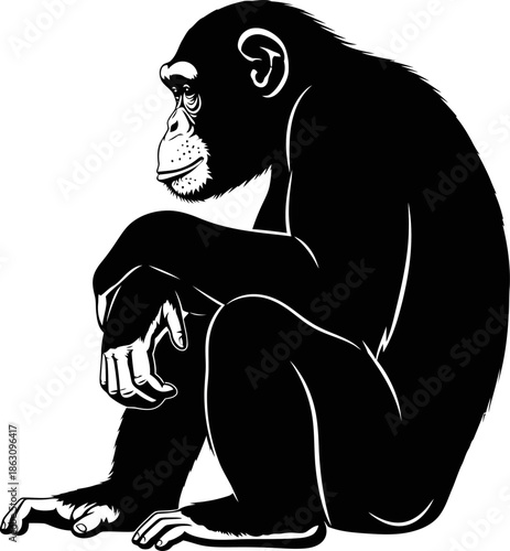 Black and White Silhouette of a Chimpanzee Sitting and Contemplating Isolated on White Background