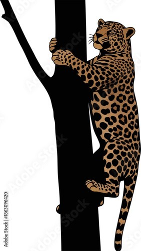 Majestic Leopard Climbing Tree Trunk Powerful Big Cat Illustration