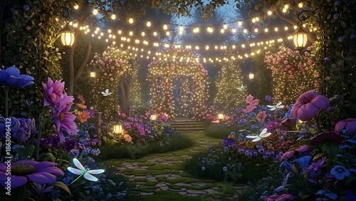 Whimsical Garden Pathway with String Lights.