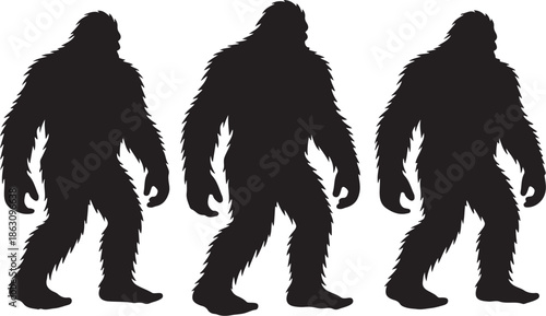 Three black silhouettes of Bigfoot walking in a row