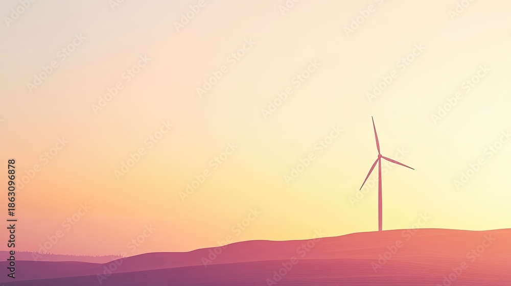 Obraz premium Turbine overlooking rolling hills at sunset. Warm pastel sky bathes gentle ridges in soft light, lone turbine stands as sentinel of clean energy in pastoral setting, perfect for environmental