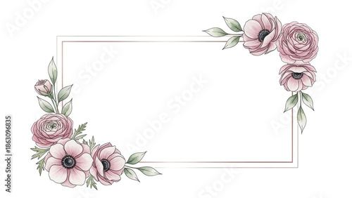 Minimal luxury watercolor frame with anemones and ranunculus in a sophisticated dusty rose palette isolated on white background.png