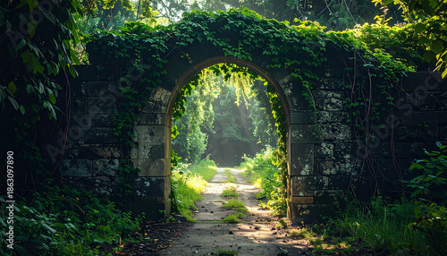 Old stone arch covered in lush green vines, abandoned garden path, magical portal atmosphere