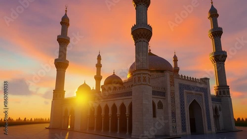 Mosque in peaceful nature at sunrise