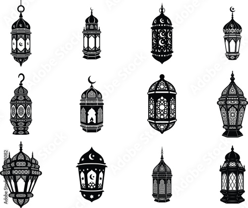 A large collection of intricate ramadan lanterns in black silhouette vector style for decoration.