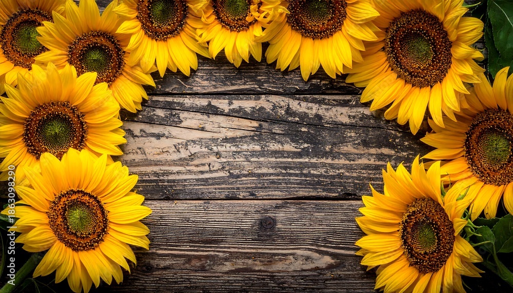 Obraz premium Sunflowers frame rustic wooden background, vibrant floral arrangement.