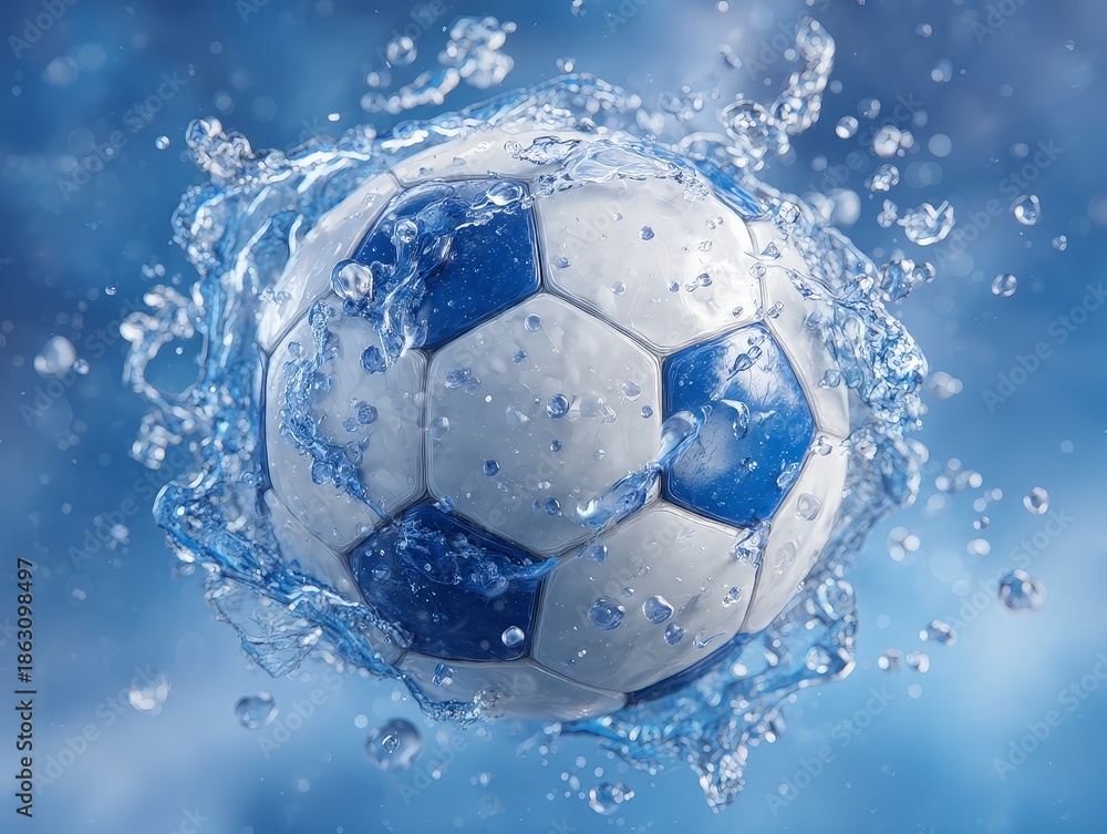 Fototapeta premium Soccer Ball Splashing in Water on Blue Background