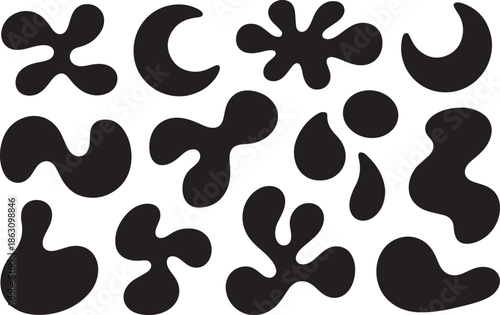 A collection of unique black abstract shapes on a white background