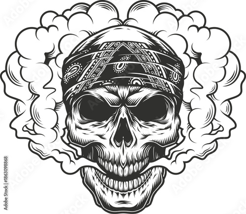 Skull with Bandana and Smoke Black and White Illustration
Smoking Skull with Bandana Tattoo Style Illustration
Dark Skull Head with Bandana and Smoke Illustration
