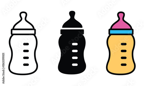 Three baby feeding bottles in different styles: outline, solid black, and colorful, representing infant care and nutrition.