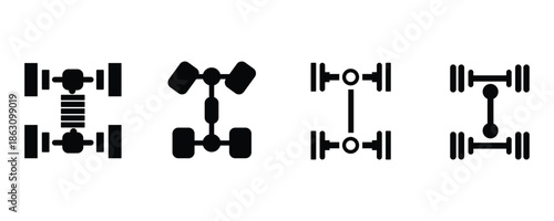 Top view icons of car chassis and drivetrain systems, representing different vehicle configurations and mechanics.