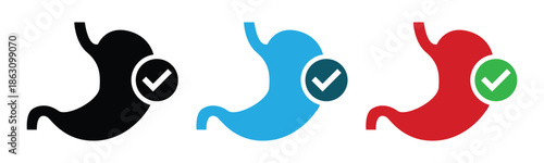 Stylized icons of human stomachs in black, blue, and red, with checkmarks indicating health, digestion, and medical approval.