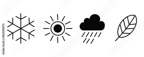 Set of weather icons including snowflake, sun, rain cloud, and leaf, representing different atmospheric conditions and seasons.