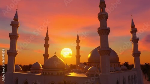 Mosque in peaceful nature at sunrise