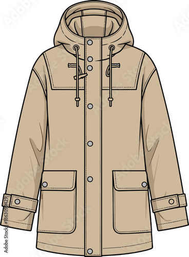 Hooded winter coat illustration, beige parka jacket design, warm outerwear apparel, casual fashion clothing, front view, detailed flat illustration