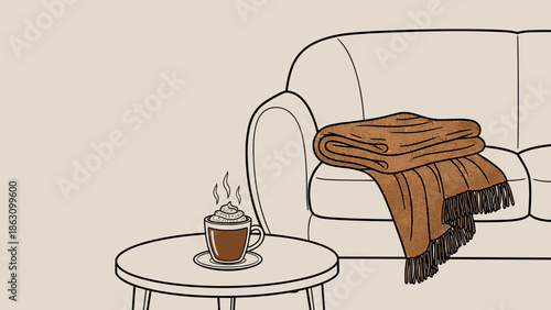Cozy scene with a warm blanket and a steaming cup of drink in free space