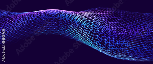Big Data Flow With Glowing Particle Waves On Dark Background. Abstract AI Neural Network And Digital Communication Concept. Futuristic Tech Design. Vector Illustration.